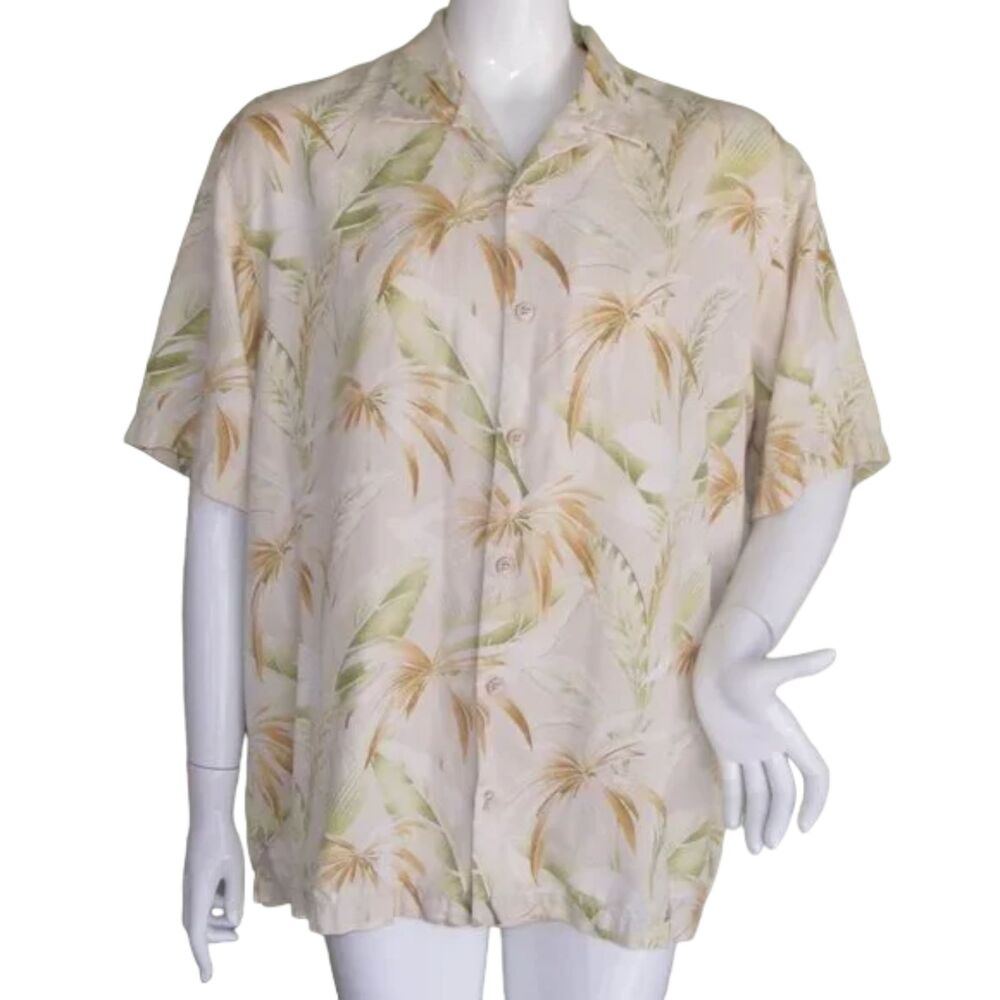 TOMMY BAHAMA Silk Shirt, L Palm/Leaf Print, Natural Buttons, Short sleeve, Camp